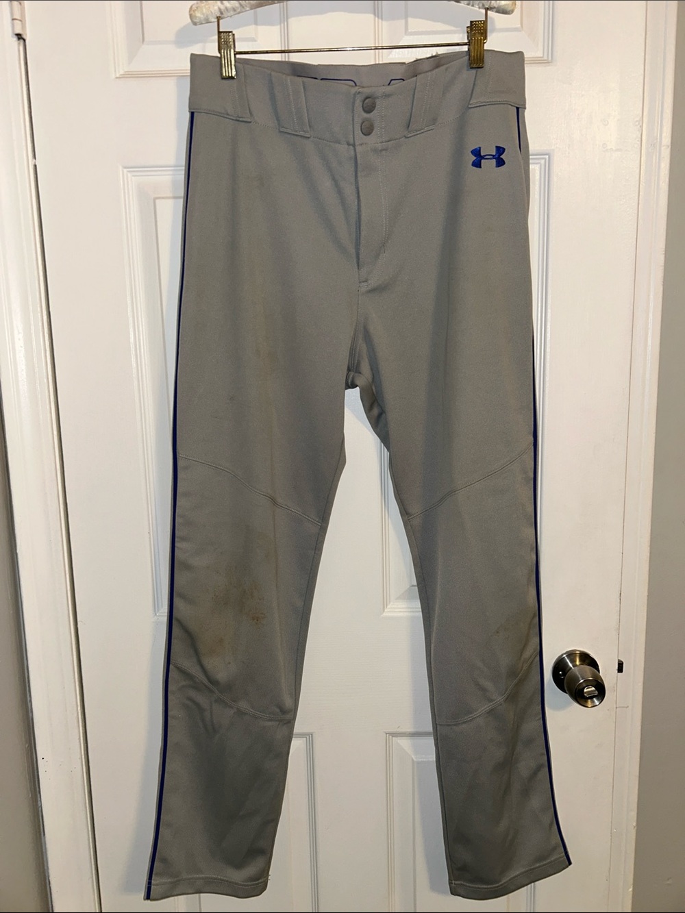 Under Armour BASEBALL PANT - Men’s GRAY WITH ROYAL BLUE PIPING - NO HOLES